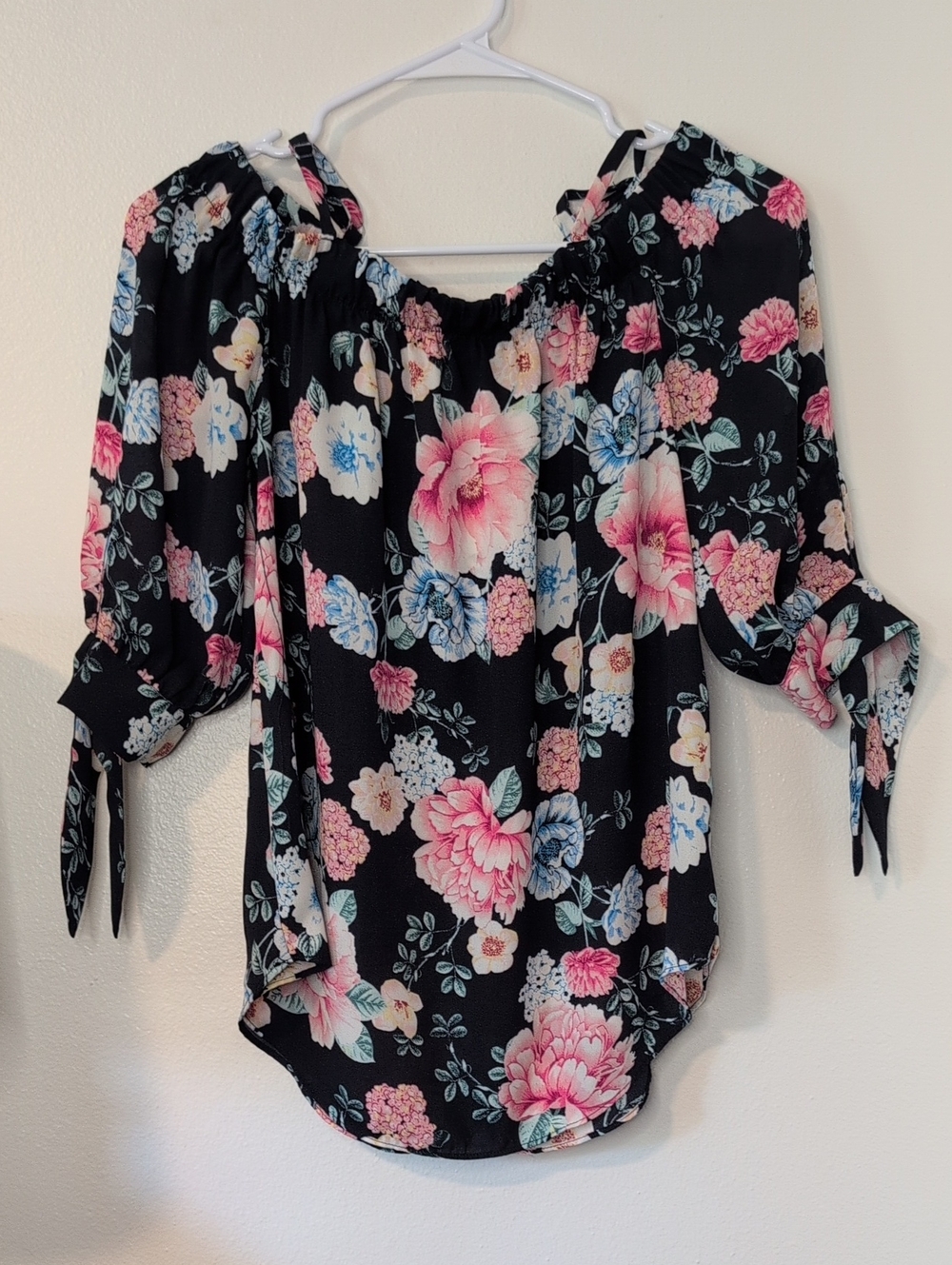 A. Byer Black Off-Shoulder Blouse with Pink & Blue Floral Print